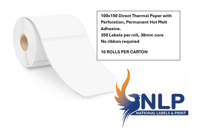 100x150 Direct Thermal Paper with Perforation, Permanent Hot Melt Adhesive. 350 Labels per roll, 38mm core, 10 rolls per carton - 10 rolls per carton