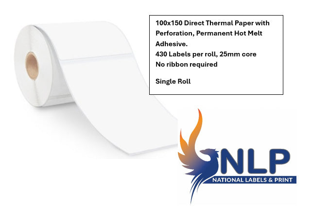 100x150 Direct Thermal Paper with Perforation, Permanent Hot Melt Adhesive. 430 Labels per Roll, 25mm core - Single Roll