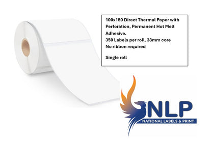 100x150 Direct Thermal Paper with Perforation, Permanent Hot Melt Adhesive. 350 Labels per roll, 38mm core Roll