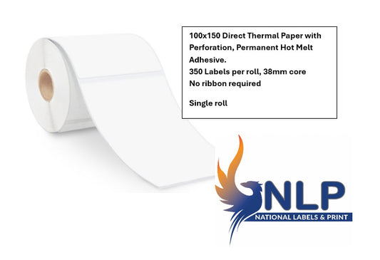 100x150 Direct Thermal Paper with Perforation, Permanent Hot Melt Adhesive. 350 Labels per roll, 38mm core Roll