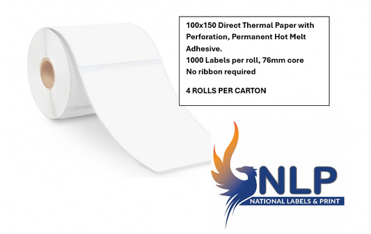 100x150 Direct Thermal Paper with Perforation, Permanent Hot Melt Adhesive. 1000 Labels per roll, 76mm core 4 Rolls per Carton