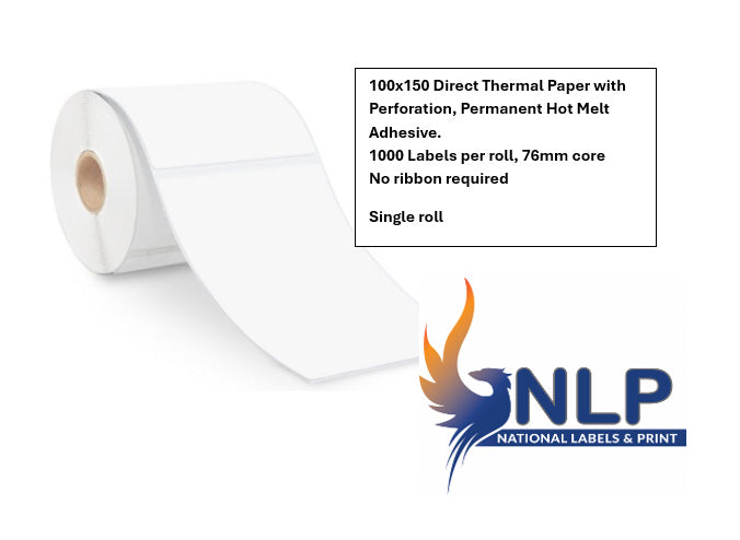 100x150 Direct Thermal Paper with Perforation, Permanent Hot Melt Adhesive. 1000 Labels per roll, 76mm core - Single roll